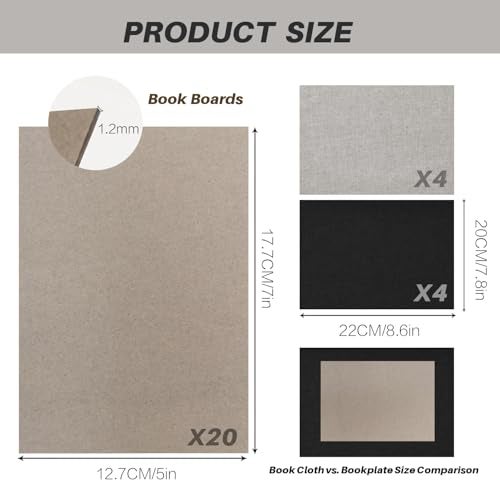 Kreapa Chipboard for Book Binding, Book Binding Kits Include 20 pcs 5x7 Inch 50 PT Chip Board, 10 Pcs Bookcloth (Gray, Black, 7.8x8.6 inch), 2 Bone Folder and A Mull Colth for Book Binding(35x45 inch) - Image 2