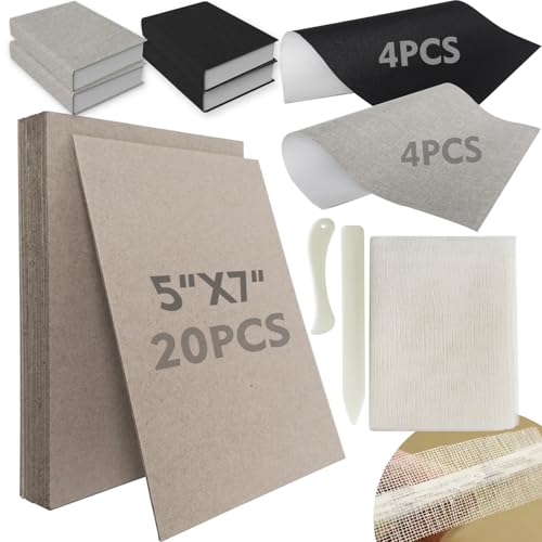 Kreapa Chipboard for Book Binding, Book Binding Kits Include 20 pcs 5x7 Inch 50 PT Chip Board, 10 Pcs Bookcloth (Gray, Black, 7.8x8.6 inch), 2 Bone Folder and A Mull Colth for Book Binding(35x45 inch) - Image 1