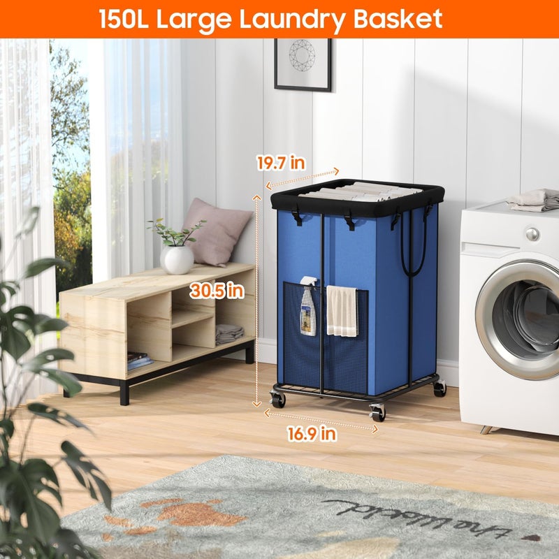 Olldide 150L Laundry Hamper with Wheels, Rolling Laundry Basket with Metal Frame and Removable Bag, Large & Tall Dirty Clothes Hampers for Bedroom Aesthetic, Laundry Room, Bathroom, Dorm-Blue - Image 2