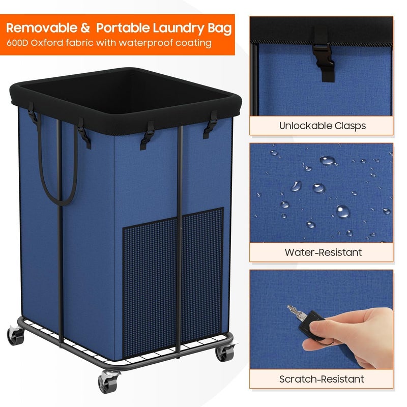 Olldide 150L Laundry Hamper with Wheels, Rolling Laundry Basket with Metal Frame and Removable Bag, Large & Tall Dirty Clothes Hampers for Bedroom Aesthetic, Laundry Room, Bathroom, Dorm-Blue - Image 5