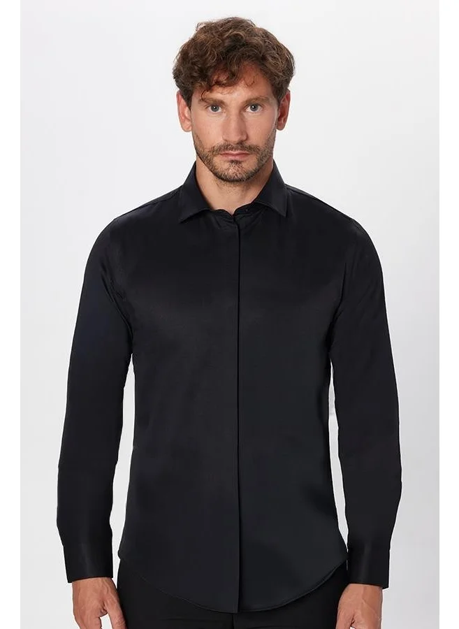 تودورس Slim Fit Long Sleeve Hidden Placket Back Belted Plain Black Men's Shirt