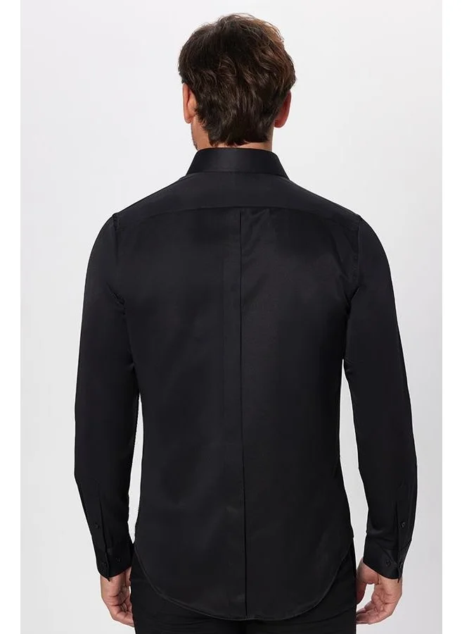 تودورس Slim Fit Long Sleeve Hidden Placket Back Belted Plain Black Men's Shirt