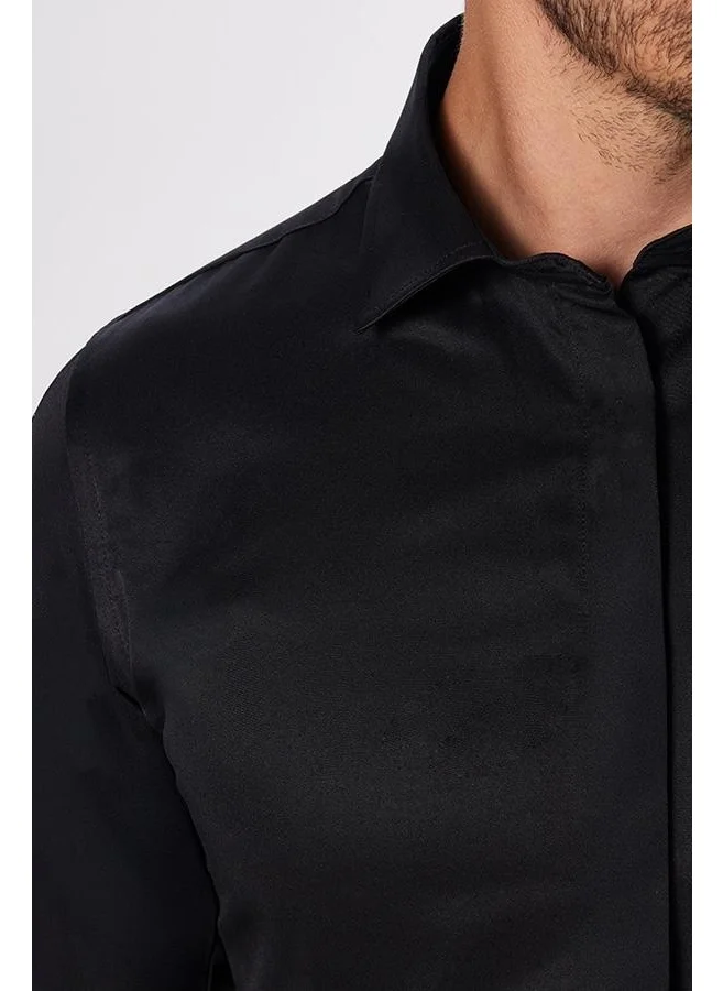 تودورس Slim Fit Long Sleeve Hidden Placket Back Belted Plain Black Men's Shirt