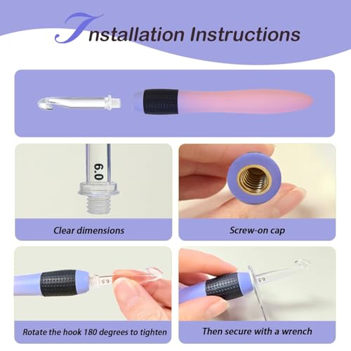 Yarniss Interchangeable Crochet Hooks with Screw Handle,8 Size Ergonomic Crochet Hooks with Comfortable Handle 2.5~6.5mm,Gradient Purple - Image 3