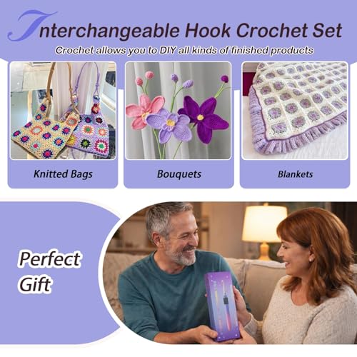 Yarniss Interchangeable Crochet Hooks with Screw Handle,8 Size Ergonomic Crochet Hooks with Comfortable Handle 2.5~6.5mm,Gradient Purple - Image 5