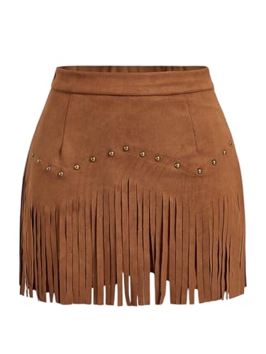 Breoklla Western Skirts for Women Fringe Mini Faux Suede Cowgirl Skirt for Country Concert Rodeo Outfit Rave Festival(2503B,Brown,XS) - Image 1
