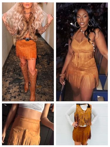 Breoklla Western Skirts for Women Fringe Mini Faux Suede Cowgirl Skirt for Country Concert Rodeo Outfit Rave Festival(2503B,Brown,XS) - Image 4
