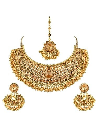Efulgenz Indian Jewelry Sets for Women Bridal Jewelry Bollywood Traditional Crystal Faux Pearl Wedding Choker Necklace Earrings Maang Tikka Indian Wedding Jewelry - Image 1