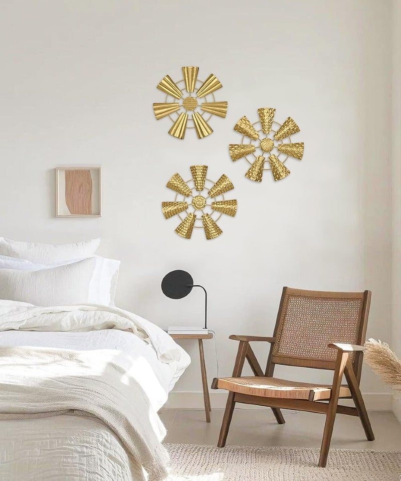 Briful 12" Wall Décor Pack of 3 Metal Gold Windmill Radial Plate Wall Art Modern Accent Hanging Wall Decorations For Home Office Living Room Wall Sculptures - Image 4