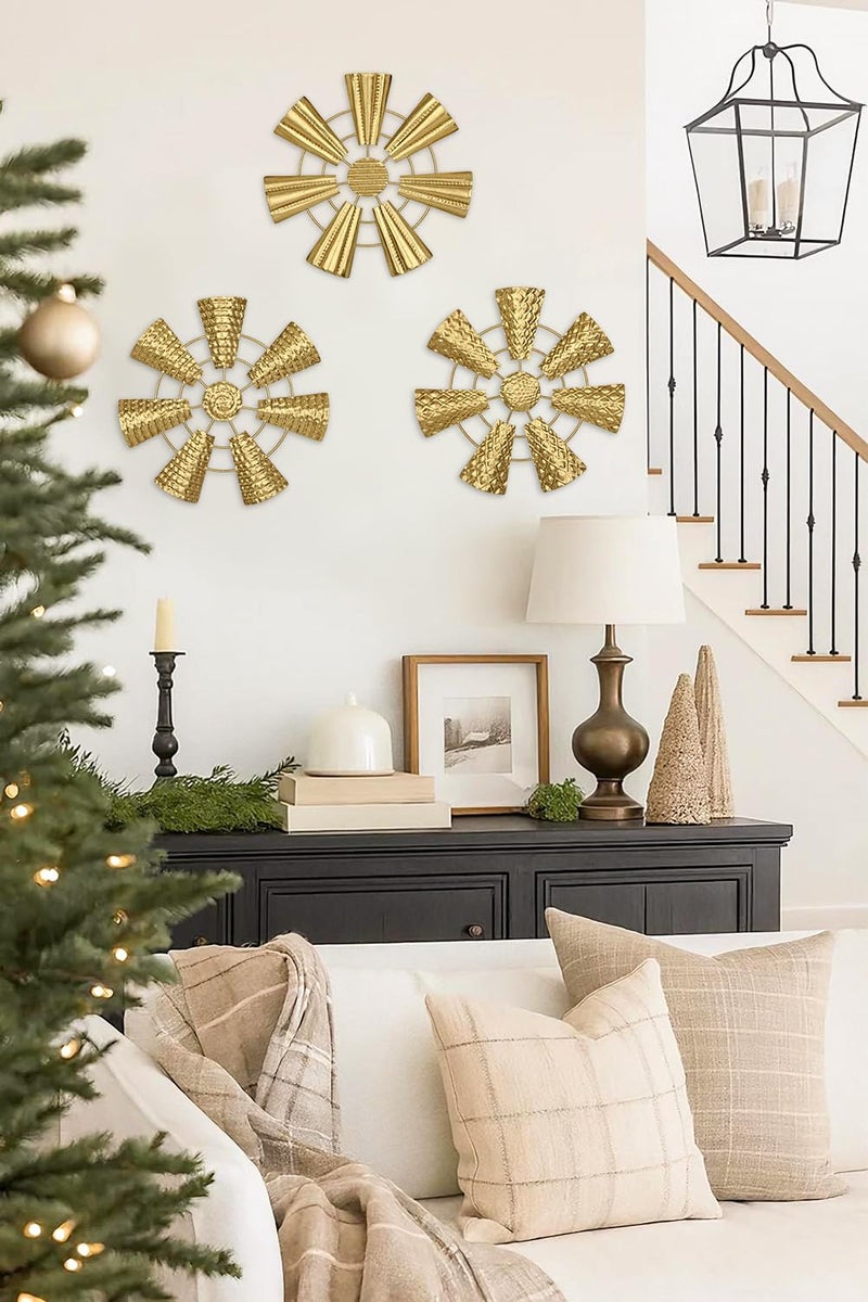 Briful 12" Wall Décor Pack of 3 Metal Gold Windmill Radial Plate Wall Art Modern Accent Hanging Wall Decorations For Home Office Living Room Wall Sculptures - Image 3