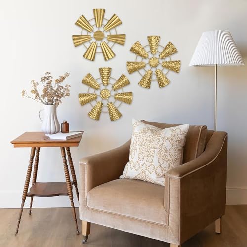 Briful 12" Wall Décor Pack of 3 Metal Gold Windmill Radial Plate Wall Art Modern Accent Hanging Wall Decorations For Home Office Living Room Wall Sculptures - Image 5