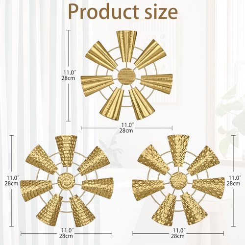 Briful 12" Wall Décor Pack of 3 Metal Gold Windmill Radial Plate Wall Art Modern Accent Hanging Wall Decorations For Home Office Living Room Wall Sculptures - Image 2