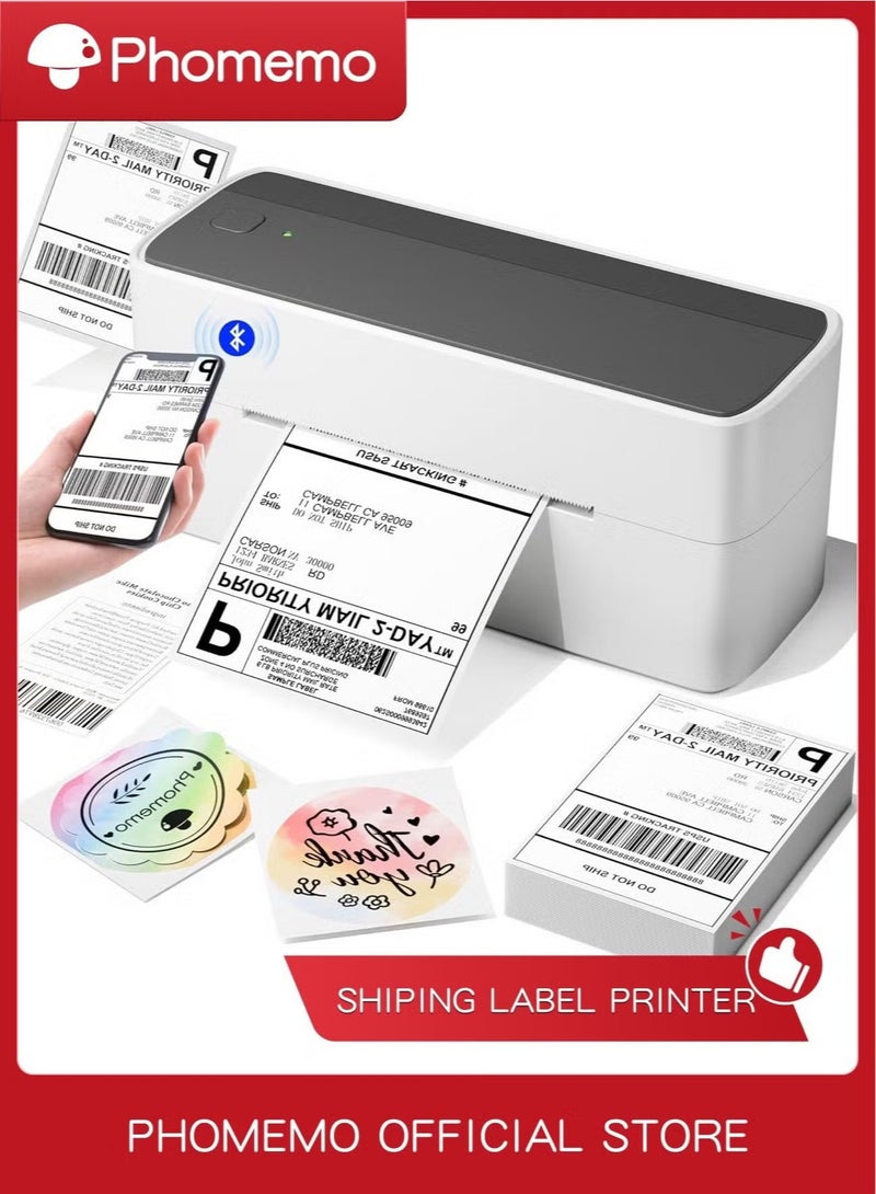 فوميمو طابعة ملصقات حرارية 241-BT بلوتوث، طابعة ملصقات شحن لاسلكية للمنزل والمكتب والأعمال، طابعة ملصقات لشحن الطرود، متوافقة مع أجهزة iPhone وAndroid. تحتوي على 10 ورقة ملصقات بيضاء مقاس 4 × 6 بوصة. (أبيض وأسود) - Image 1
