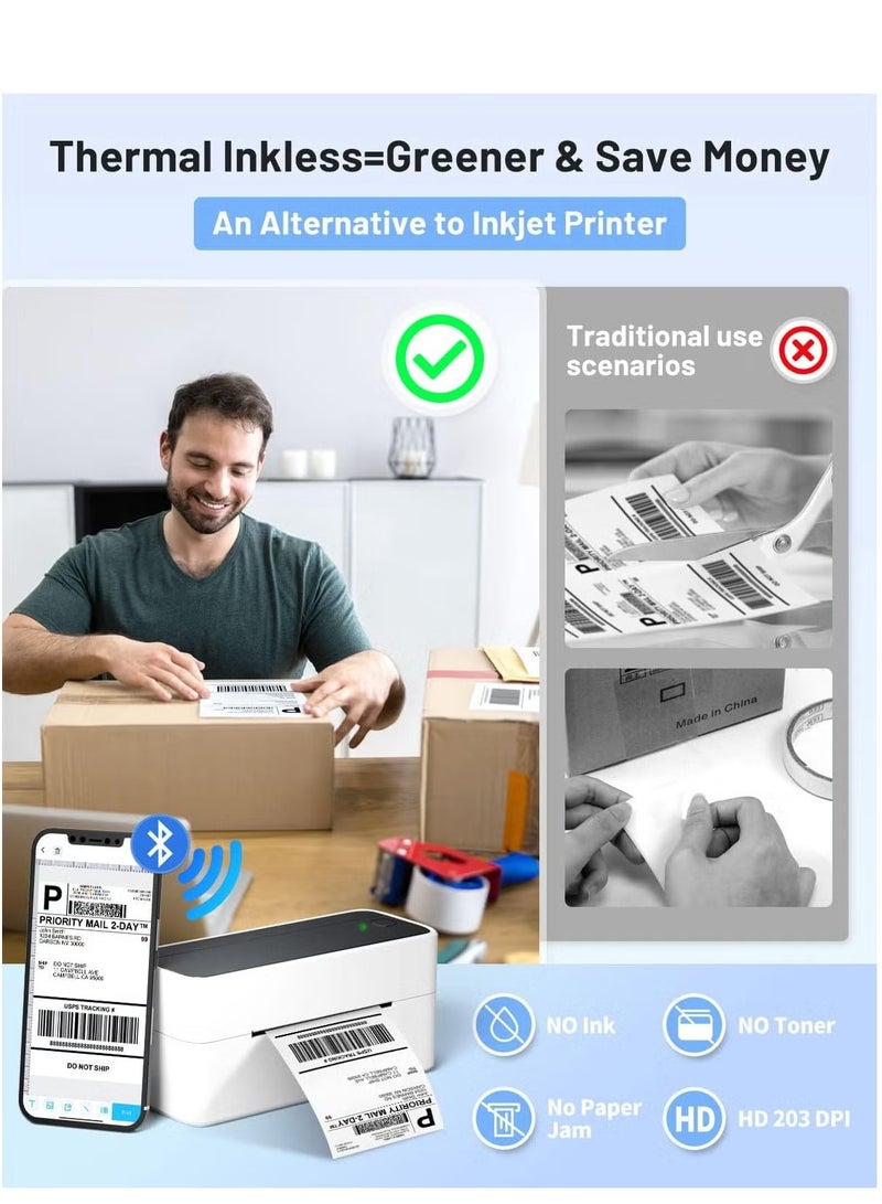 فوميمو طابعة ملصقات حرارية 241-BT بلوتوث، طابعة ملصقات شحن لاسلكية للمنزل والمكتب والأعمال، طابعة ملصقات لشحن الطرود، متوافقة مع أجهزة iPhone وAndroid. تحتوي على 10 ورقة ملصقات بيضاء مقاس 4 × 6 بوصة. (أبيض وأسود) - Image 5