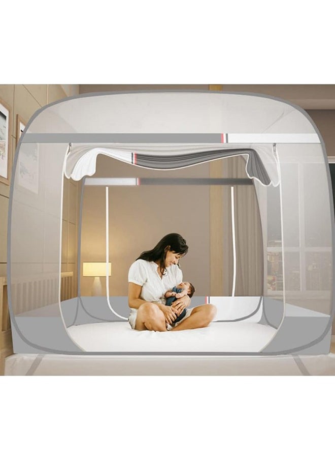 Hihonor - Pop up Mosquito Net Foldable Mosquito Bed Cover with Frame Square 360º Polyester Coated Home Netting Canopy, Double 1.8M Bed Tent Mesh with 2 Entries Phone Charing Pocket for Adults Baby Room (Grey) - Image 1
