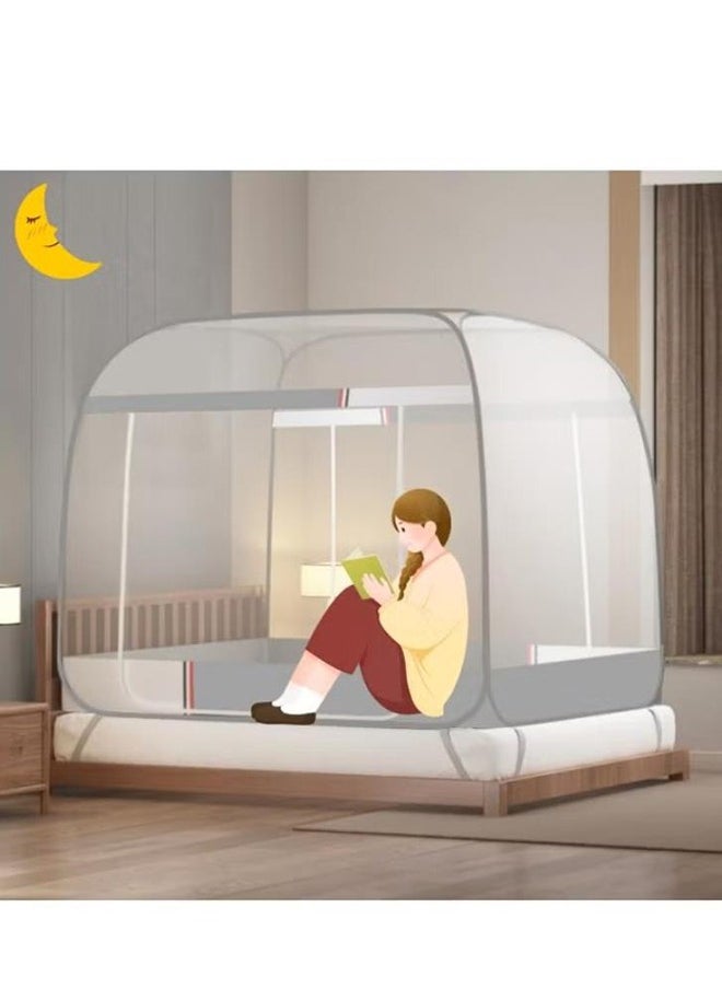 Hihonor - Pop up Mosquito Net Foldable Mosquito Bed Cover with Frame Square 360º Polyester Coated Home Netting Canopy, Double 1.8M Bed Tent Mesh with 2 Entries Phone Charing Pocket for Adults Baby Room (Grey) - Image 1