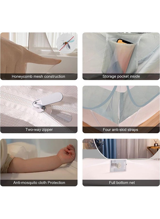 Hihonor - Pop up Mosquito Net Foldable Mosquito Bed Cover with Frame Square 360º Polyester Coated Home Netting Canopy, Double 1.8M Bed Tent Mesh with 2 Entries Phone Charing Pocket for Adults Baby Room (Grey) - Image 1