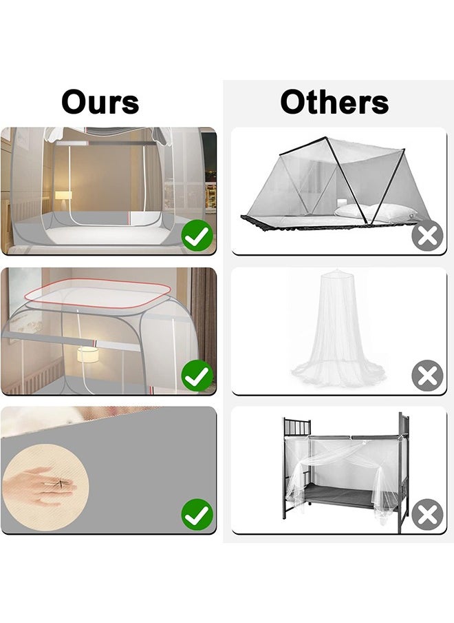 Hihonor - Pop up Mosquito Net Foldable Mosquito Bed Cover with Frame Square 360º Polyester Coated Home Netting Canopy, Double 1.8M Bed Tent Mesh with 2 Entries Phone Charing Pocket for Adults Baby Room (Grey) - Image 1