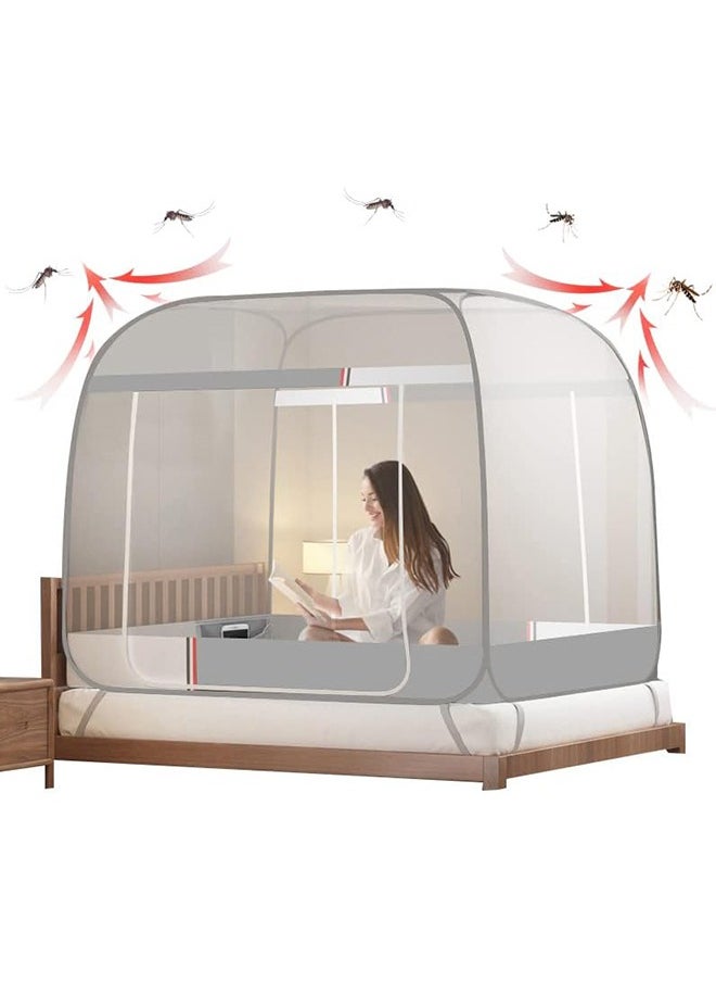Hihonor - Pop up Mosquito Net Foldable Mosquito Bed Cover with Frame Square 360º Polyester Coated Home Netting Canopy, Double 1.8M Bed Tent Mesh with 2 Entries Phone Charing Pocket for Adults Baby Room (Grey) - Image 1