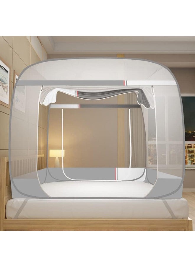 Hihonor - Pop up Mosquito Net Foldable Mosquito Bed Cover with Frame Square 360º Polyester Coated Home Netting Canopy, Double 1.8M Bed Tent Mesh with 2 Entries Phone Charing Pocket for Adults Baby Room (Grey) - Image 1