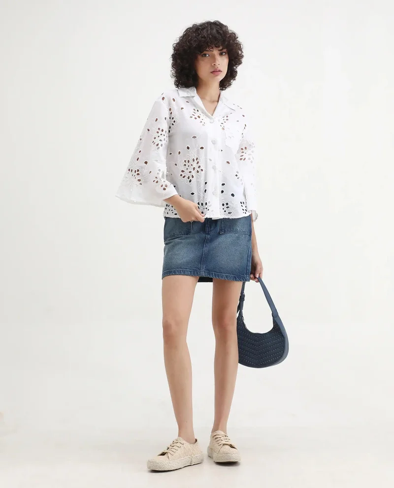 Rareism Women's Schiffli Fabric 3/4Th Sleeve Top