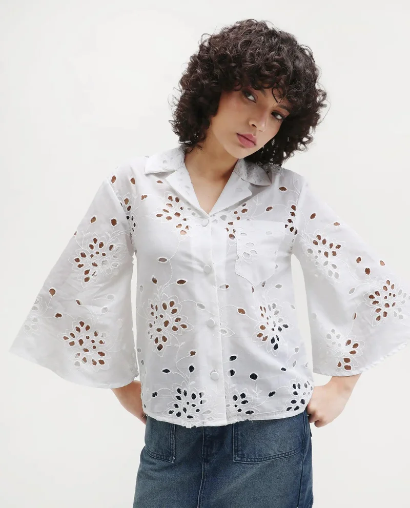 Rareism Women's Schiffli Fabric 3/4Th Sleeve Top