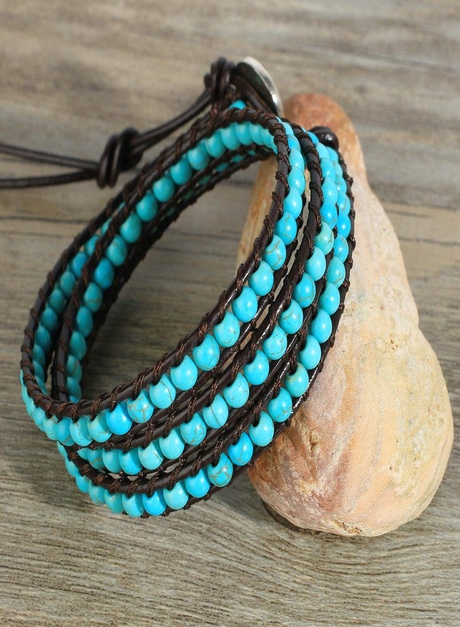 KELITCH Turquoise Beaded 3 Wrap Bracelet Handmade Natural Leather Strand Bracelets for Women - Image 3