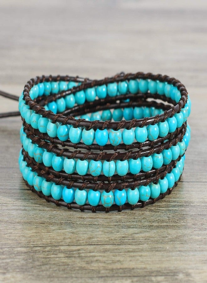 KELITCH Turquoise Beaded 3 Wrap Bracelet Handmade Natural Leather Strand Bracelets for Women - Image 4