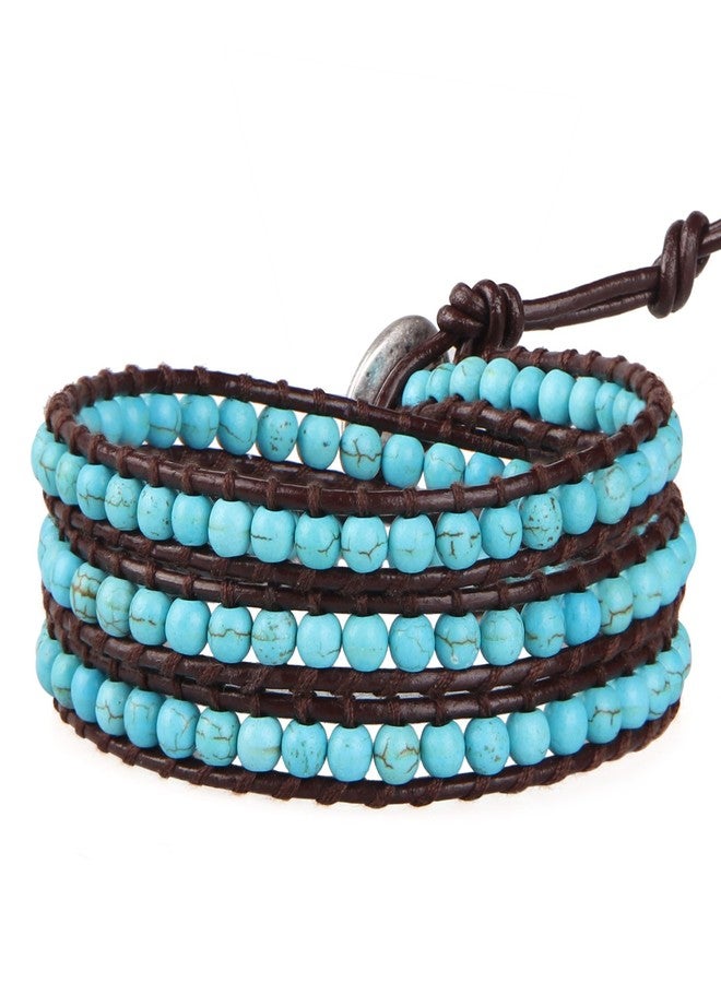 KELITCH Turquoise Beaded 3 Wrap Bracelet Handmade Natural Leather Strand Bracelets for Women - Image 1