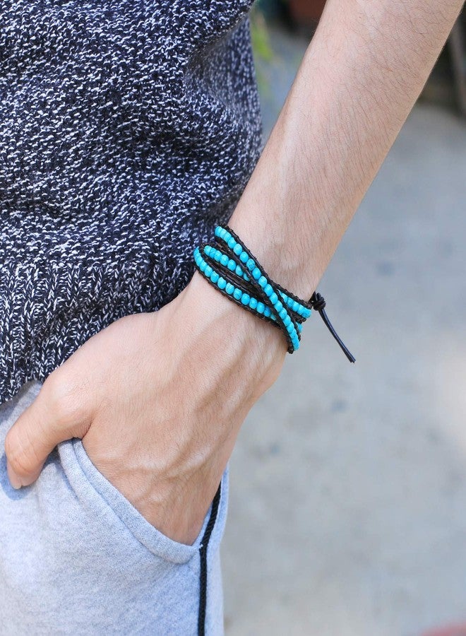 KELITCH Turquoise Beaded 3 Wrap Bracelet Handmade Natural Leather Strand Bracelets for Women - Image 2