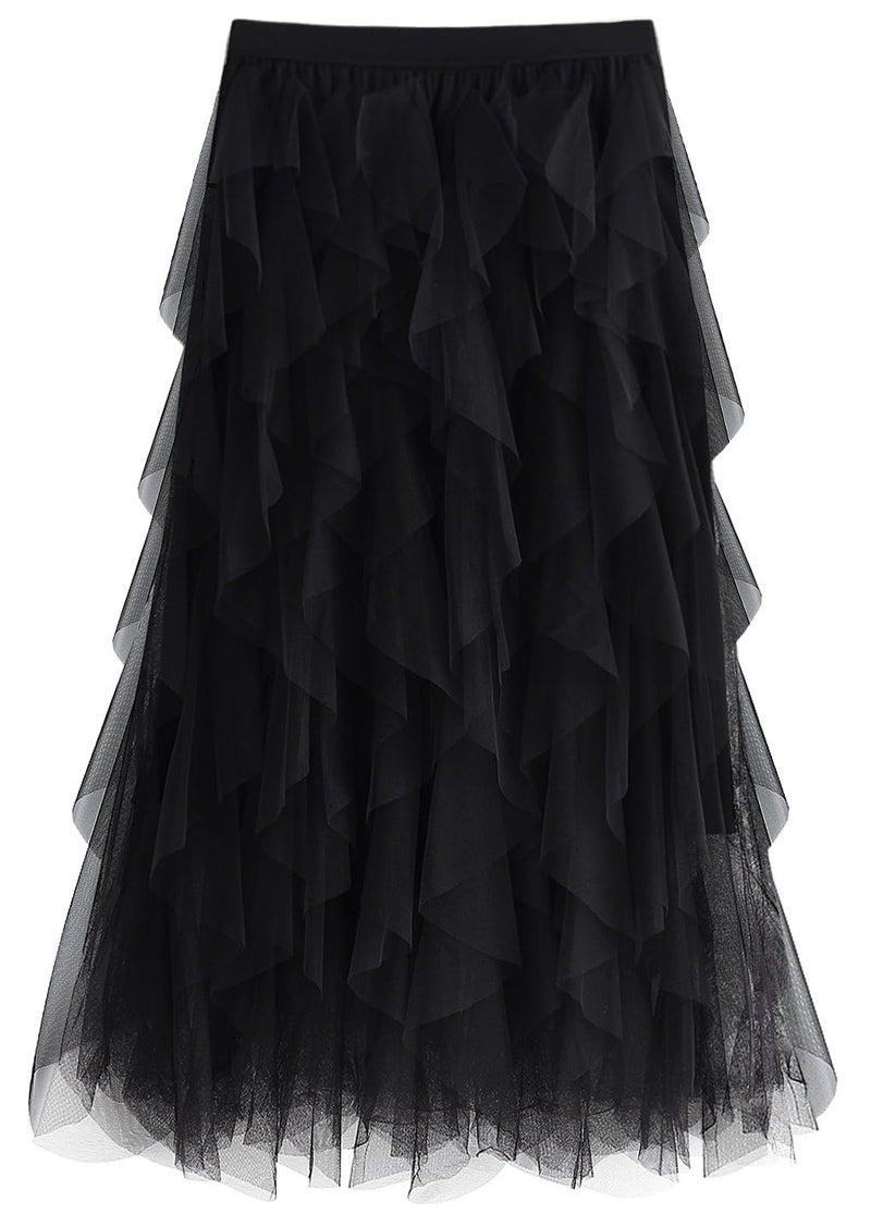kydely Tulle Skirts for Women Long Length Tutu Fairy Tiered Skirt A Line Mesh Elastic Waist Skirts Black One Size - Image 1