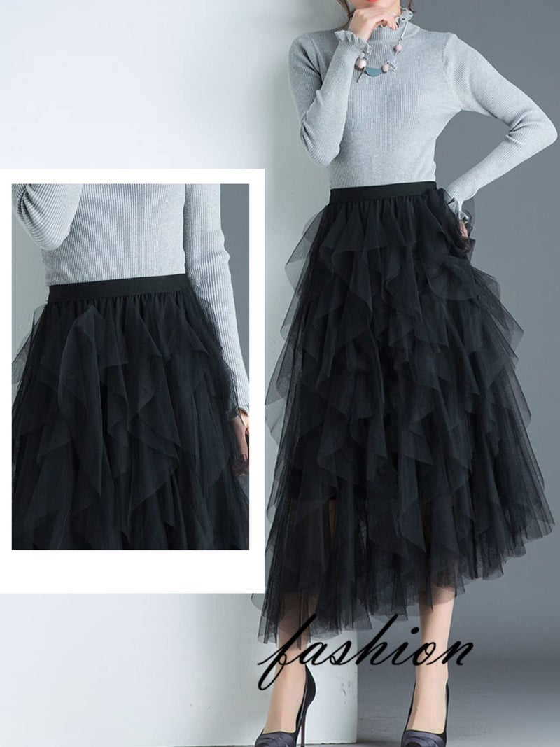 kydely Tulle Skirts for Women Long Length Tutu Fairy Tiered Skirt A Line Mesh Elastic Waist Skirts Black One Size - Image 4