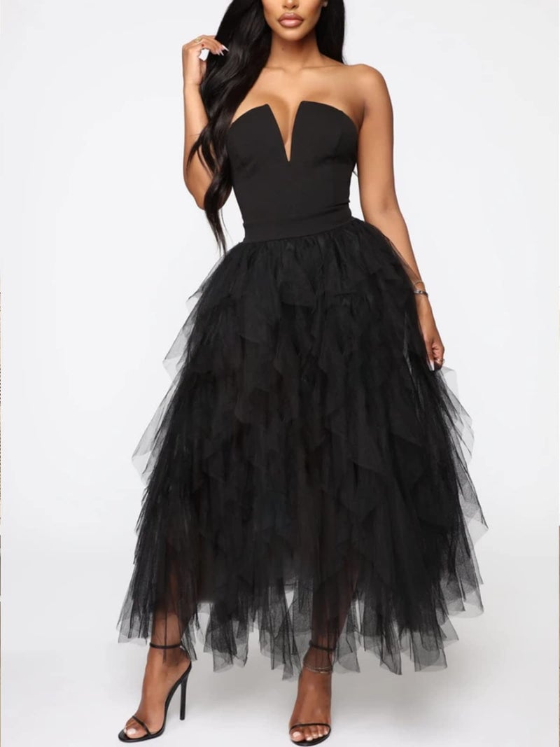 kydely Tulle Skirts for Women Long Length Tutu Fairy Tiered Skirt A Line Mesh Elastic Waist Skirts Black One Size - Image 2