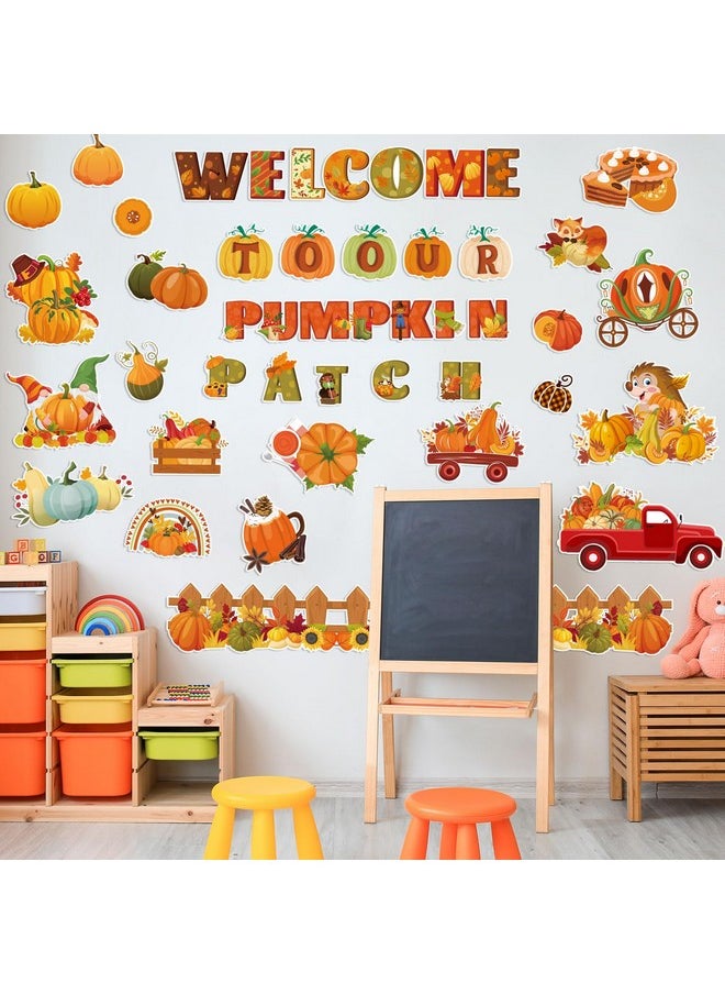 هواف ديكورات الفصول الدراسية الخريفية من HOWAF، مرحبًا بكم في مجموعة لوحة إعلانات Pumpkin Patch الخاصة بنا لمدرسة السبورة الخريفية، شاحنة اليقطين الخريفية، أوراق القيقب المقطوعة لجدار عيد الشكر، ديكور السبورة  - Image 4