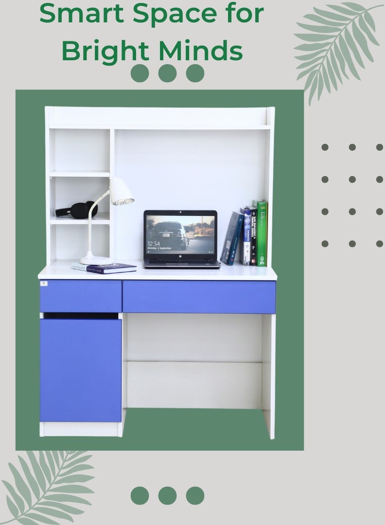 AFT Multifunctional White and Blue Study Desk with Shelves, Drawers, and Cupboards – 141cm Height, 100cm Width, Premium 18mm  MDF Construction, Ideal for Home Office or Study Room. White /Blue (Arfan) - Image 4