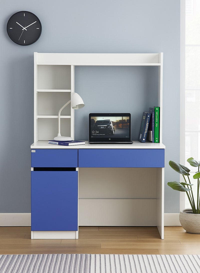 AFT Multifunctional White and Blue Study Desk with Shelves, Drawers, and Cupboards – 141cm Height, 100cm Width, Premium 18mm  MDF Construction, Ideal for Home Office or Study Room. White /Blue (Arfan) - Image 1
