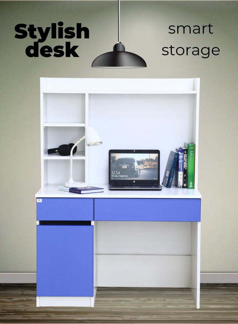 AFT Multifunctional White and Blue Study Desk with Shelves, Drawers, and Cupboards – 141cm Height, 100cm Width, Premium 18mm  MDF Construction, Ideal for Home Office or Study Room. White /Blue (Arfan)  - Image 1