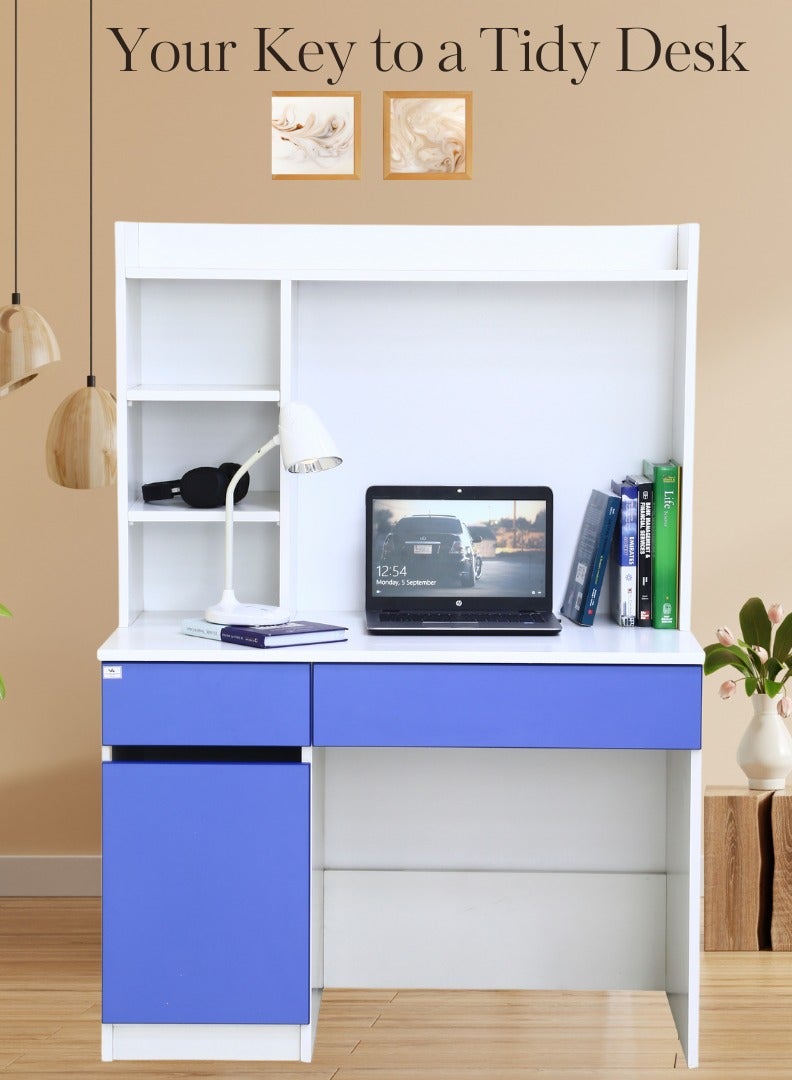 AFT Multifunctional White and Blue Study Desk with Shelves, Drawers, and Cupboards – 141cm Height, 100cm Width, Premium 18mm  MDF Construction, Ideal for Home Office or Study Room. White /Blue (Arfan)  - Image 2