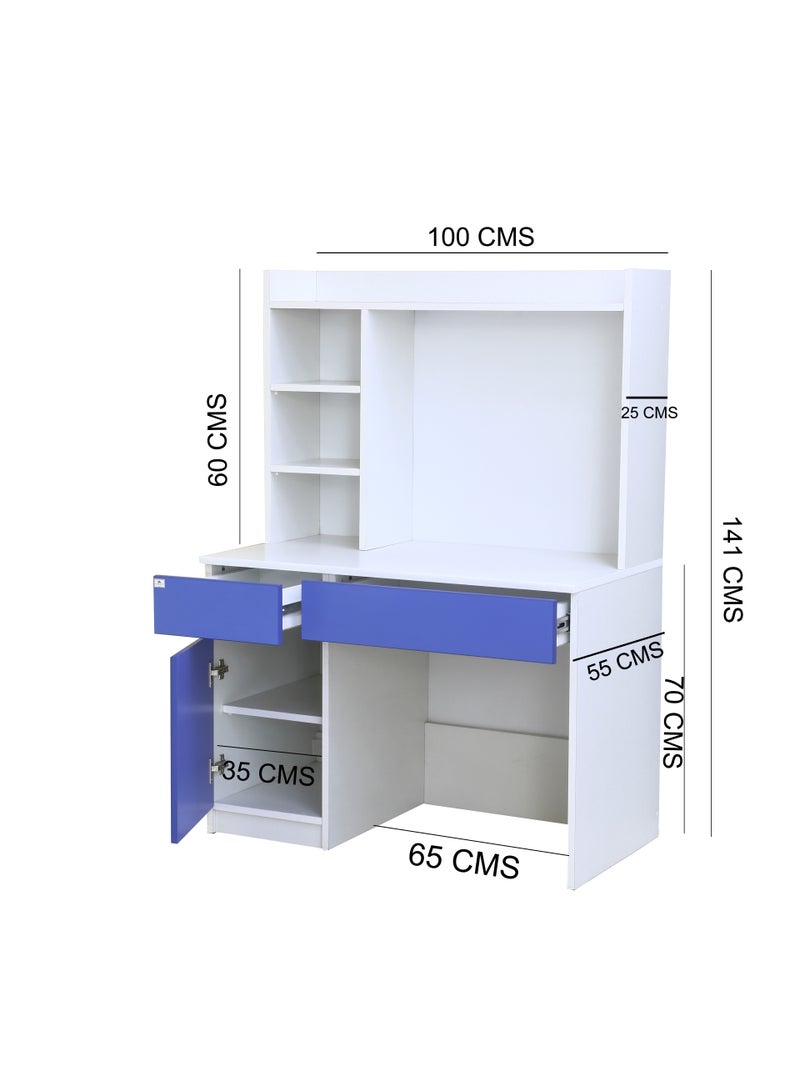 AFT Multifunctional White and Blue Study Desk with Shelves, Drawers, and Cupboards – 141cm Height, 100cm Width, Premium 18mm  MDF Construction, Ideal for Home Office or Study Room. White /Blue (Arfan)  - Image 4
