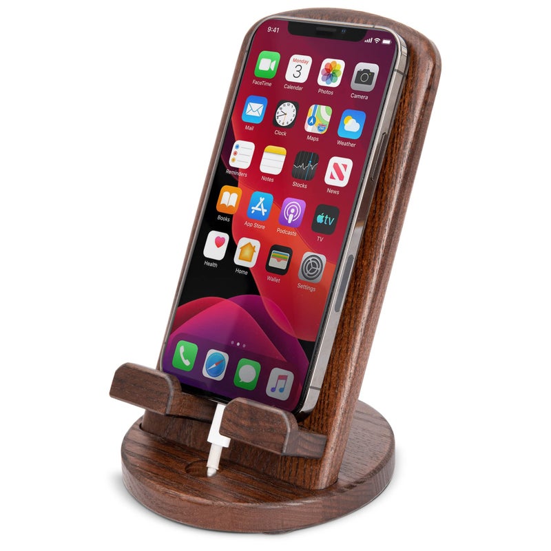 TESLYAR Wood Cell Phone Stand â€“ Elegant Phone Holder for Nightstand & Desk | Portable Office Gift for Men, Dad & Husband | Compatible with iPhone & Android - Image 1