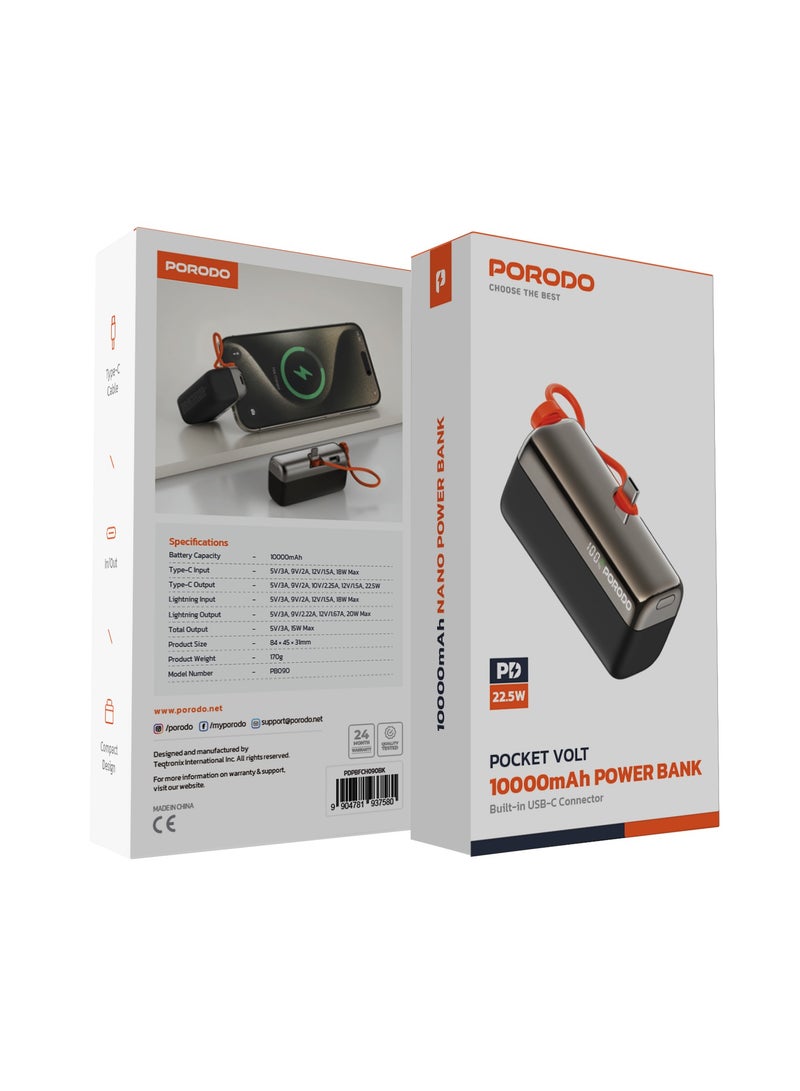 porodo Pocket Volt 10000mAh Power Bank 15W / Powerbank PD22.5W / Fast Charger / Compact and Portable Powerbank / Type-C and Lightning Cable - Black - Image 3