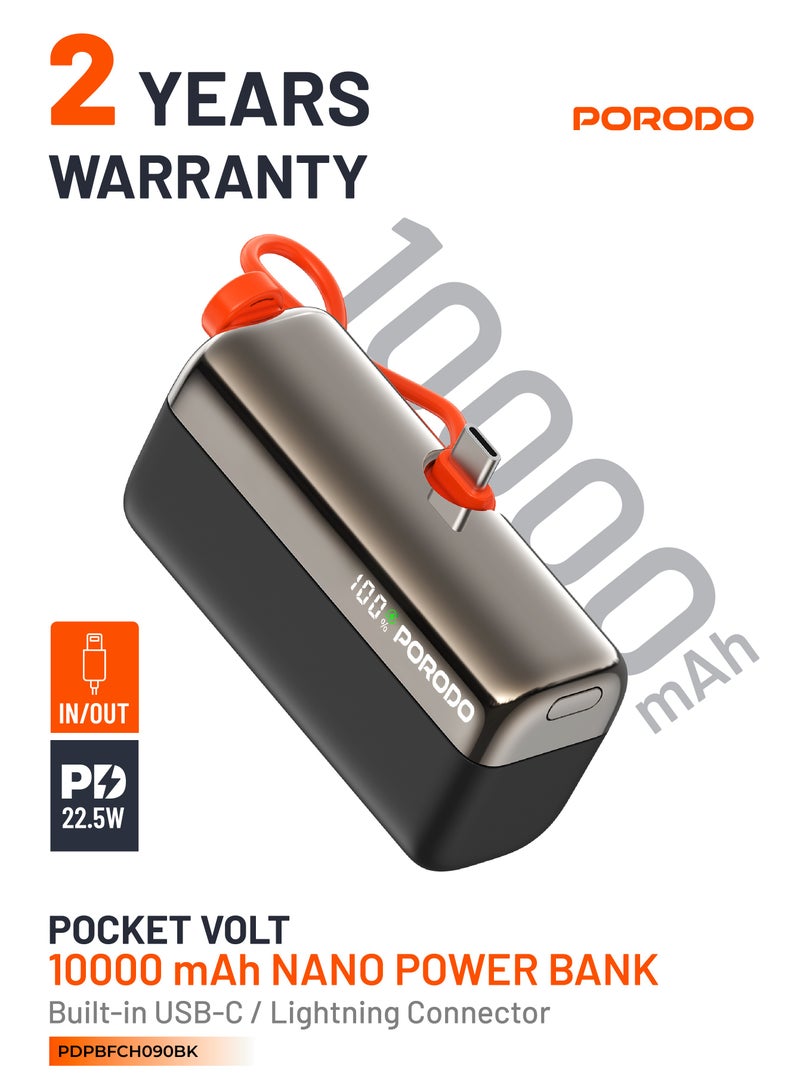 porodo Pocket Volt 10000mAh Power Bank 15W / Powerbank PD22.5W / Fast Charger / Compact and Portable Powerbank / Type-C and Lightning Cable - Black - Image 1