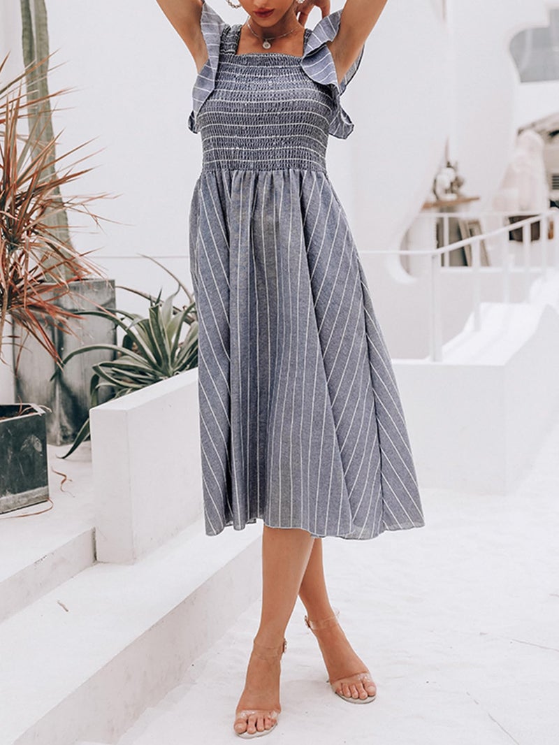 Miessial Womens Summer Linen Midi Dress Casual Square Neck Smocked Long Flowy Church Dresses with Pockets,Grey Stripe L - Image 4