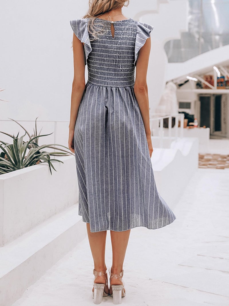 Miessial Womens Summer Linen Midi Dress Casual Square Neck Smocked Long Flowy Church Dresses with Pockets,Grey Stripe L - Image 5