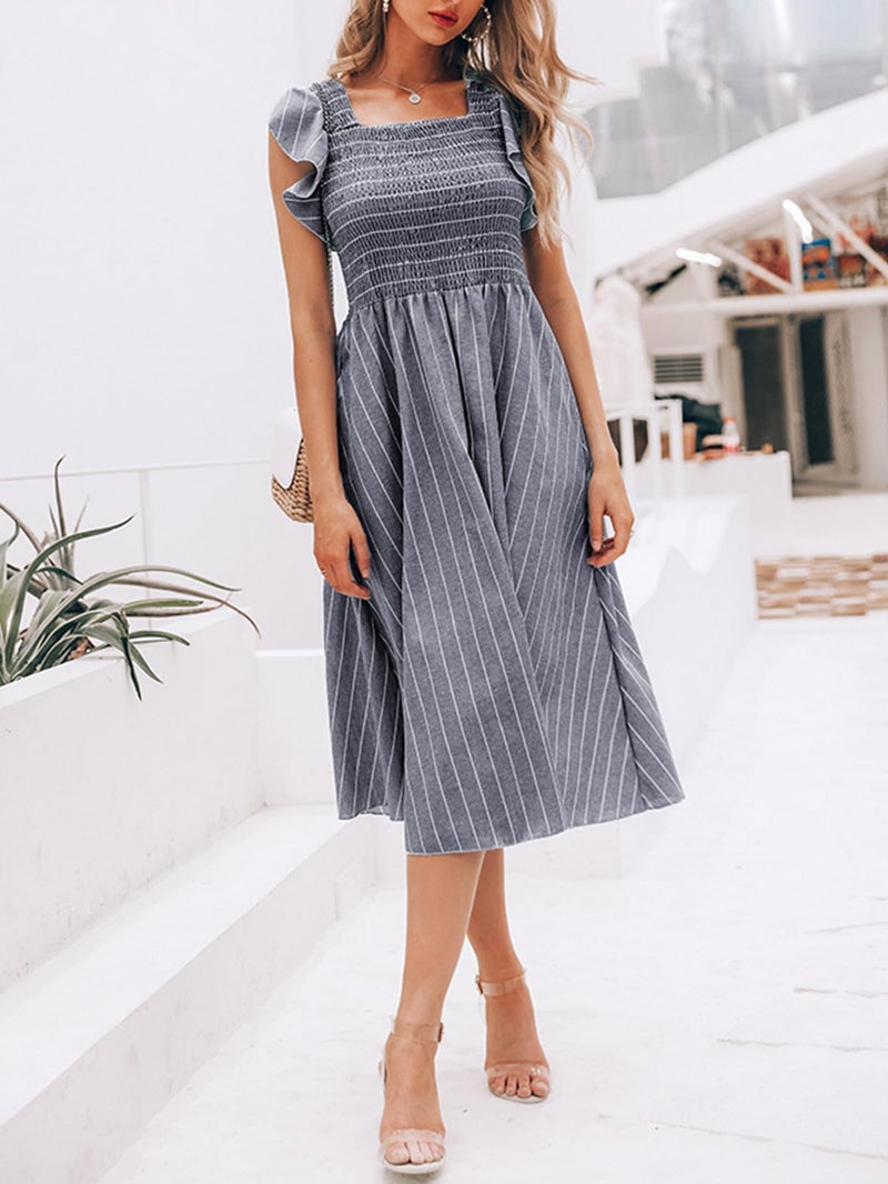 Miessial Womens Summer Linen Midi Dress Casual Square Neck Smocked Long Flowy Church Dresses with Pockets,Grey Stripe L - Image 2