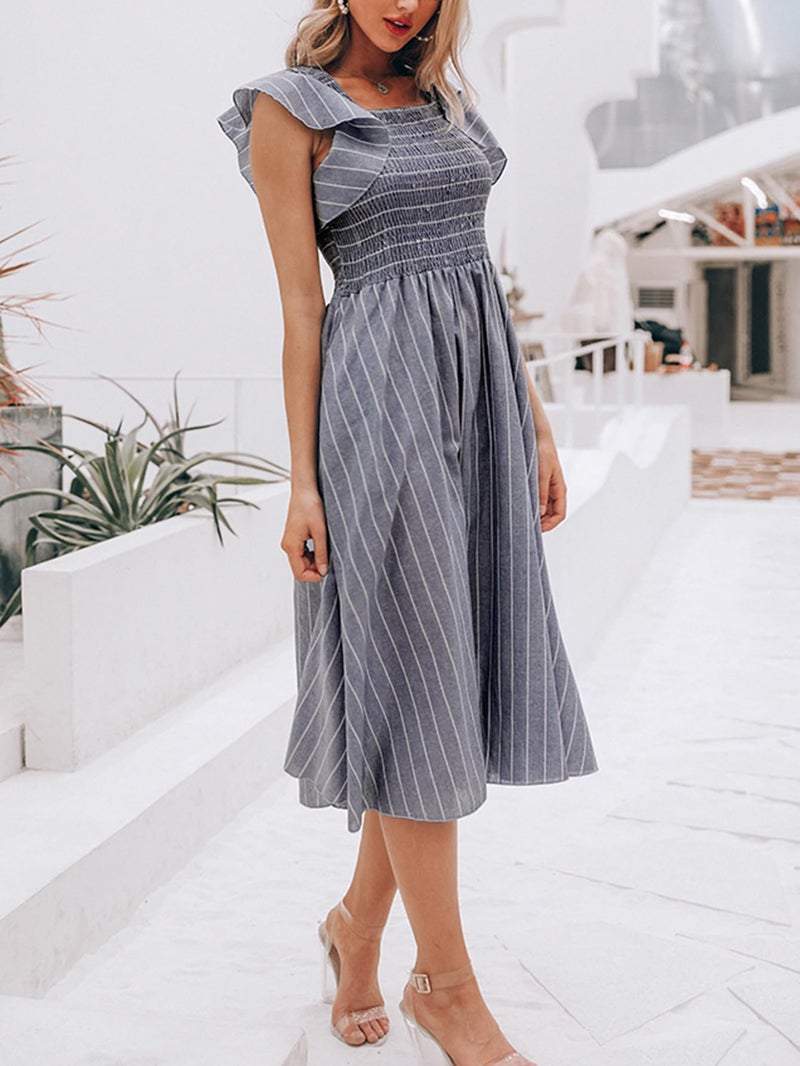 Miessial Womens Summer Linen Midi Dress Casual Square Neck Smocked Long Flowy Church Dresses with Pockets,Grey Stripe L - Image 3
