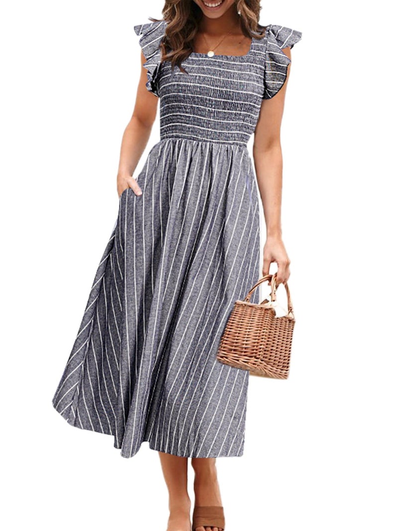 Miessial Womens Summer Linen Midi Dress Casual Square Neck Smocked Long Flowy Church Dresses with Pockets,Grey Stripe L - Image 1