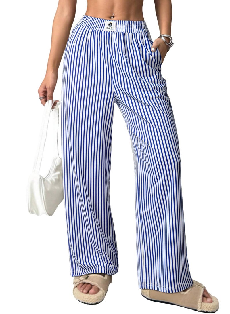 EVALESS Women's Striped Pants Spring Summer 2026 Comfy Pajama Pants High Waist Wide Leg Lounge Pants Patched Y2K Casual Trousers Lightweight PJ Bottoms with Pockets Blue Stripe Small - Image 1