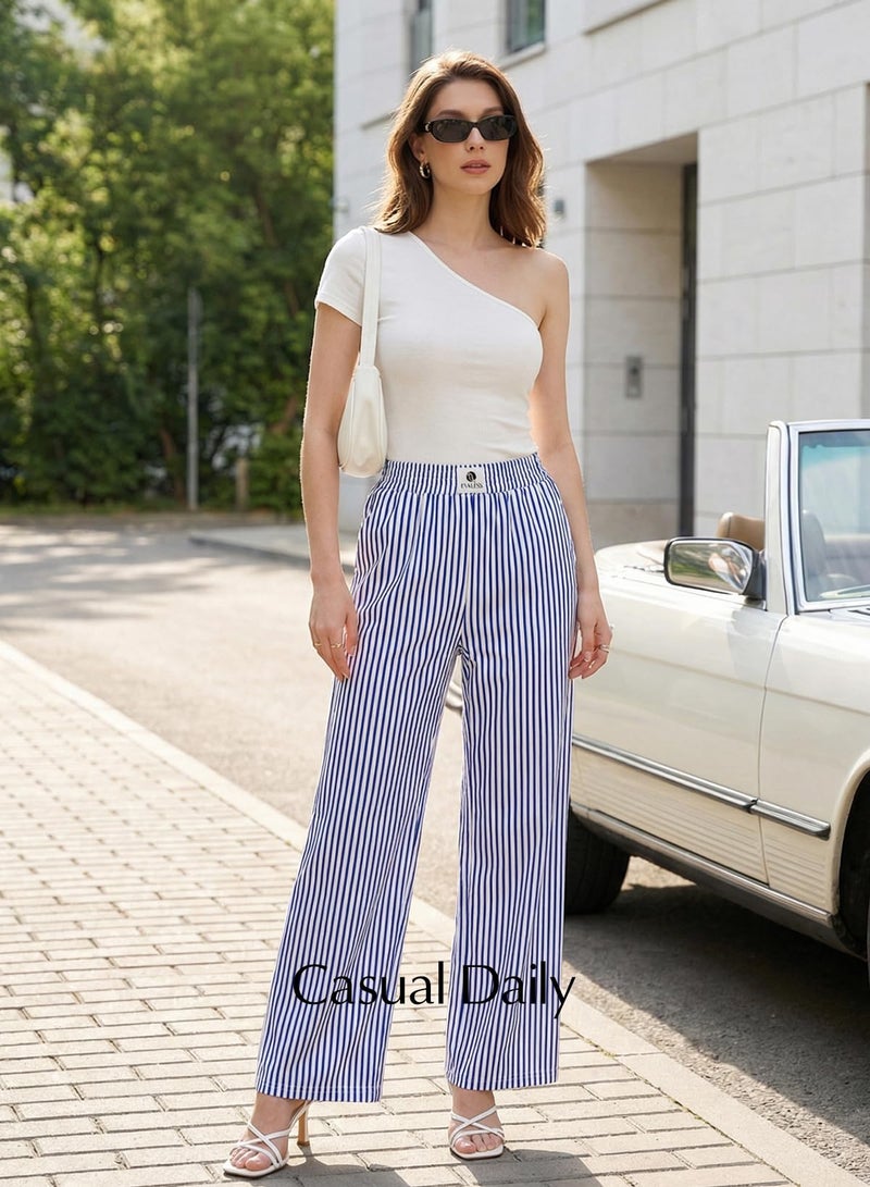 EVALESS Women's Striped Pants Spring Summer 2026 Comfy Pajama Pants High Waist Wide Leg Lounge Pants Patched Y2K Casual Trousers Lightweight PJ Bottoms with Pockets Blue Stripe Small - Image 4