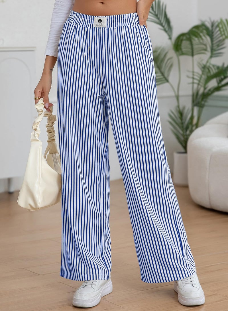 EVALESS Women's Striped Pants Spring Summer 2026 Comfy Pajama Pants High Waist Wide Leg Lounge Pants Patched Y2K Casual Trousers Lightweight PJ Bottoms with Pockets Blue Stripe Small - Image 2